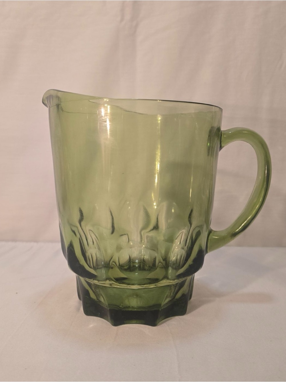 Vintage Avocado Green Glass Pitcher Thumbprint Crown Base 8 Inch Water Juice